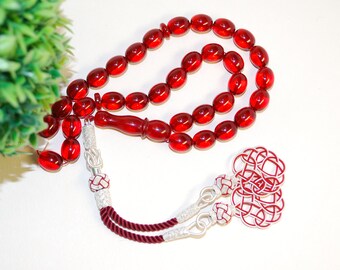 Baltic Amber Prayer Beads: Ruby Color Olive 33 Beads, Silver Tassel