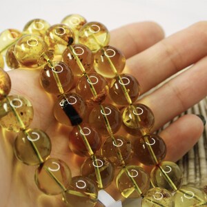 May include: A strand of amber beads, each bead is round and translucent with a golden yellow colour. The beads are strung together on a thin cord and have a natural, organic look.