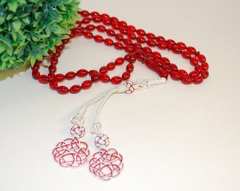 Islam Prayer Beads Genuine Baltic Amber Ruby Color 99 Beads Tesbih Subha Silver Tassel