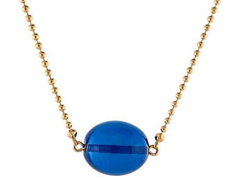 Blaue Bernstein Olive Bead Anhänger & Halskette 14K Vergoldet