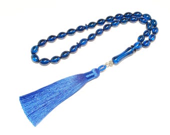 Rosario in ambra blu caraibica: 33 Tesbih a forma di oliva