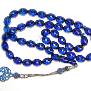 Exclusive Faceted Amber Tespih Islam Prayer Beads Subha Tesbih Blue Caribbean Amber 45 Barrel Keg Round 13x11 mm Beads