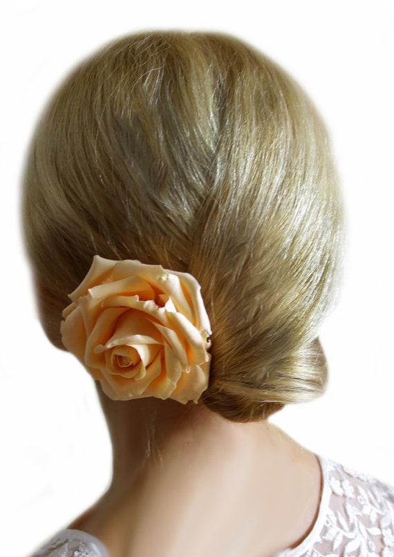 Large Peach Rose Hair Clip Wedding Hair Flower Realistic Etsy