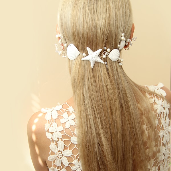 Beach Wedding Starfish Hair Accessory Wired Hair Vine, Nautical Wedding Headpiece, Bridal Pearl Hair Vine