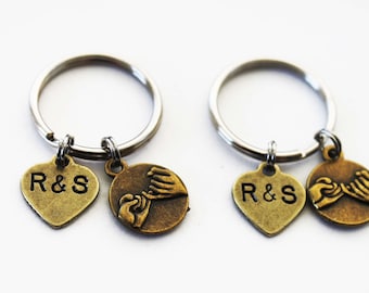 PERSONALIZED Bronze pinky promise keychain SET. Bronze. Personalized.initials.Best Friend Gift.Couples Gift. Couples Keychain. gift WRAPPED.