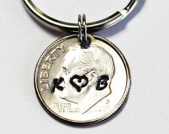 DIME KEYCHAIN. 10 year anniversary.  2013 dime. TEN year anniversary. Anniversary gift. Hand stamped dime.  husband gift. wife gift