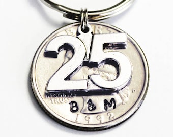 25th Anniversary. Twenty five year anniversary. SHINY 1998 quarter! US Quarter Keychain. Anniversary Gift. Personalized With Initials.