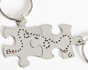 Long Distance Relationship. Puzzle piece keychain set.  Girlfriend gift. STURDY STAINLESS STEEL. boyfriend gift. Military Gift. Couples set.