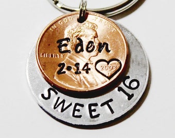 SWEET 16.  Sixteen year old keychain. NEW 2008 penny. Personalized Penny. Gift for Teen. Gift for 16. Customized Gift.Gift for 16th birthday
