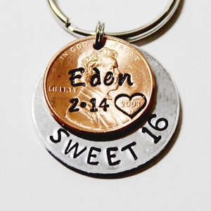 SWEET 16 gift. 16th birthday gift. Sixteen year old keychain. NEW 2007 penny. Personalized Penny. Gift for Teen. Gift for 16. Penny keychain image 1