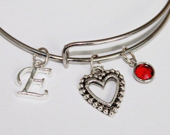 Bangle Bracelet. Heart Bracelet. Heart Jewelry. Initial Bracelet. Initial Jewelry. Birthstone Bracelet. Birthstone Jewelry. Personalized