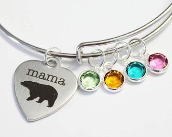 MAMA BEAR. Mom bracelet.  Bangle Bracelet. Mama Bear Bracelet. Birthstones. Mother's Day. Valentines. Anniversary Gift. Mother. Gift for her