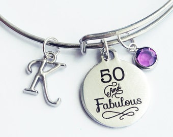 50th Birthday Bangle Bracelet, Initial, Birthstone Charm