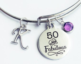 50th birthday. 50th birthday gift for women, Fiftieth Birthday. 50 and Fabulous. Bangle Bracelet. Birthstone Necklace.50 Years old.