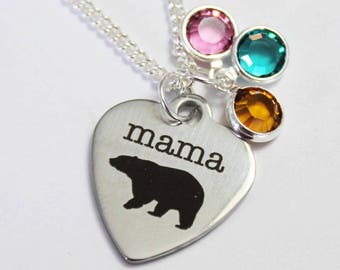 MAMA BEAR. Mothers day gift.  Mom Necklace. Mama Bear Necklace. Birthstones. Valentines. Anniversary Gift. Gift for her. Gift for Mom.