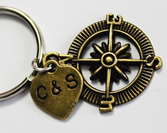 No Matter Where.  Compass Keychain. Compass. initial Keychain. Personalized. Couples. Anniversary.Wedding. Gift for her