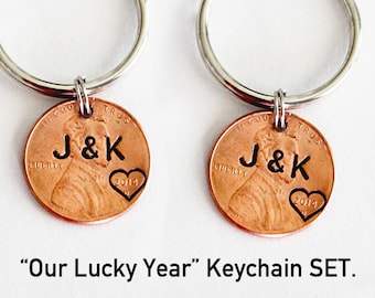 VALENTINES gift. Penny Keychain set, 7 year Anniversary Gift. Anniversary.   Boyfriend Girlfriend Gift,Customized Couples Keychains, gift,