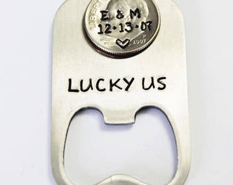 BOTTLE OPENER keychain. NEW 2013 dime! 10 year anniversary keychain. Boyfriend gift.  Lucky Us. Dime Keychain. Gift For Him. Couples Gift.