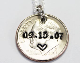 Personalized DIME necklace.  2013 REAL DIME.  Hand stamped dime. anniversary gift.  10 years. You're a dime.  10 year anniversary gift.