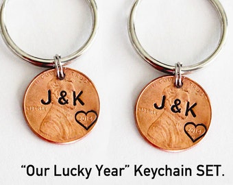 ENGRAVED PENNY.  Our lucky year. Anniversary Gift. 7 Year. VALENTINES gift, Boyfriend Girlfriend Gift,Customized Couples Keychains, gift,