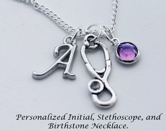 Nurse gift, nurse necklace. Stethoscope. Personalized Initial Necklace With Birthstone.  Birthstone Necklace. Initial Necklace.  Nurse. CNA.