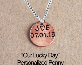 Personalized Lucky Penny Necklace, Anniversary Date Initials