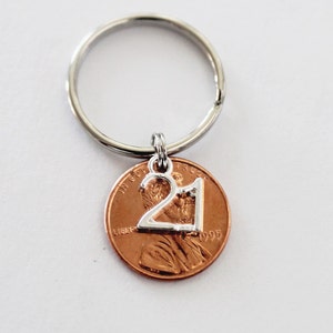 May include: A silver key chain with a 1995 penny attached. The penny has a silver charm with the number 21 on it.
