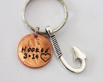 Hooked.  Personalized Penny Keychain.  Hooked On You.  Anniversary Gift.  Wedding Gift.  Fish Hook.  Personalized Keychain.