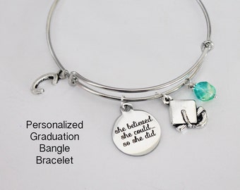 Graduation Gift. Bangle Bracelet.  She Believed She Could So She Did. Graduation Cap. Initial Bracelet. Girl Power. Personalized Bracelet.