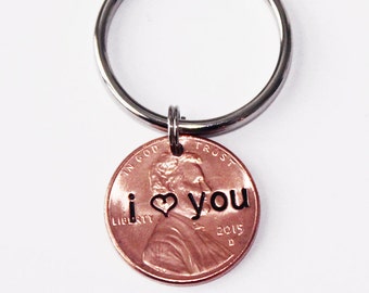 I LOVE YOU penny KEYCHAIN.  I (heart) you,  Valentines gift, Anniversary gift, Girlfriend, Heart Keychain, Lucky penny, Couples Keychain