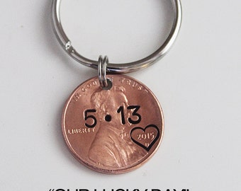 GIRLFRIEND GIFT.  Custom penny keychain. Our Lucky Day, Anniversary gift, Anniversary gift for Husband, stamped pennies. Jewelry Impressions