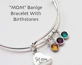 Bangle Bracelet.  MOTHERS DAY GIFT.  Mom. Heart Bracelet. BIrthstones.