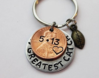 MY GREATEST CATCH Personalized Penny Keychain With Football Charm.  Anniversary. Wedding. Couples Keychain. Football Keychain. Husband.