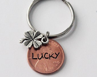 LUCKY PENNY Keychain. GOOD luck, four leaf clover, lucky, my lucky penny, bon voyage gift, customized penny,Gift for employee, gift for boss