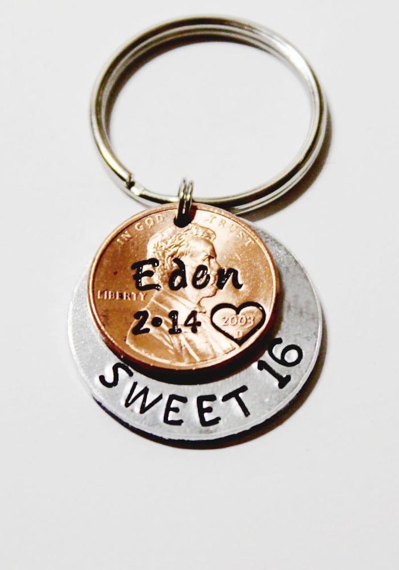 SWEET 16 gift. 16th birthday gift. Sixteen year old keychain. NEW 2007 penny. Personalized Penny. Gift for Teen. Gift for 16. Penny keychain image 1