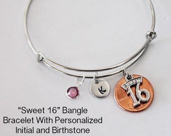 Sweet 16 Bracelet.  Bangle Bracelet. Initial Bracelet. Personalized Gift. 16 Years old. Birthstone. Penny Bracelet. Shiny new 2007 penny!