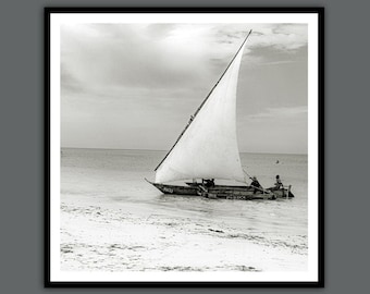 Sailing boat dhow boat on the coast of Tanzania Africa ART PRINT poster - analogue black and white photography - vintage - sea nautical maritime