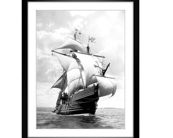 Santa Maria sailing ship at sea, historical black and white photograph, art print poster from 30 x 40 cm, vintage art nautical ocean maritime