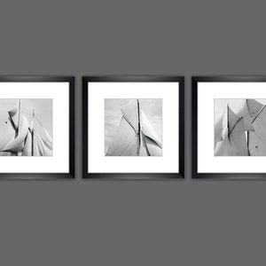 Old sails set of 3 framed 35 x 35 cm each black and white photography maritime art print picture wall vintage wall decoration image 1