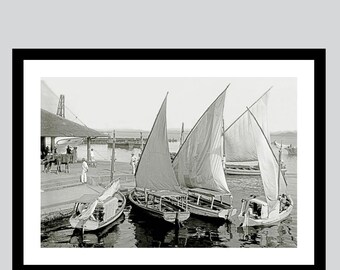 Sailboats in the harbor of San Juan around 1902 ART PRINT Historical black and white photography - Vintage - Fineart Print maritime sea reflection