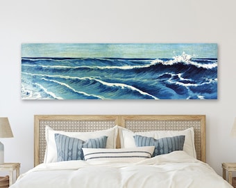 The sea - blue waves - maritime - Japanese art - canvas picture - abstract woodcut vintage - panoramic format - reproduction