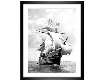 Santa Maria sailing ship on the sea historical black and white photography, ART PRINT poster from 30 x 40 cm, vintage art nautical ocean maritime