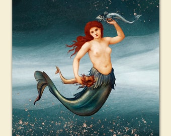 Leinwandbild - Collage Rothaarige Meerjungfrau mit Fischen im Wasser - Mix aus Gemälde und Fotografie Vintage Großformat