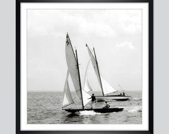 Two sailboats, ships on the sea, 1897 regatta, art print poster, historical photography - vintage pictures - art print, nautical, maritime