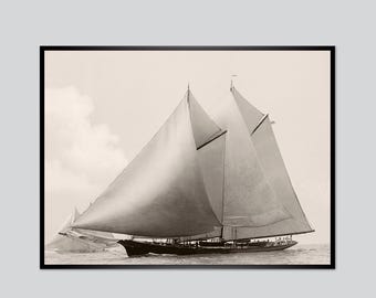 Sailing yacht "Ramona" at sea 1895 Art print Historical black and white sepia photography Poster - Vintage - Nautical Maritime Landscape format