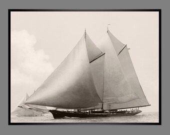 Sailing yacht "Ramona" at sea 1895 art print historical black and white sepia photography poster - vintage - nautical maritime landscape format