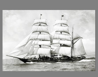 Aloha Large old sailing ship yacht boat on the sea around 1910 Vintage wall art canvas print three-masted nautical maritime black and white photo