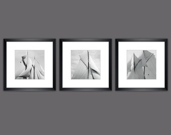 Old sails set of 3 framed 35 x 35 cm each black and white photography maritime art print picture wall vintage wall decoration