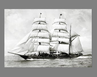 Large sailing ship canvas print | Historical maritime photography 1910 | Vintage ship picture | Black and white wall art | Coastal wall decor