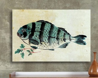 Leinwandbild Fisch, Japanische Kunst -  Leinwandbild -  Colorwash um 1800 -  Wandbild - Vintage Bilder, Antik Art  - Wanddekoration